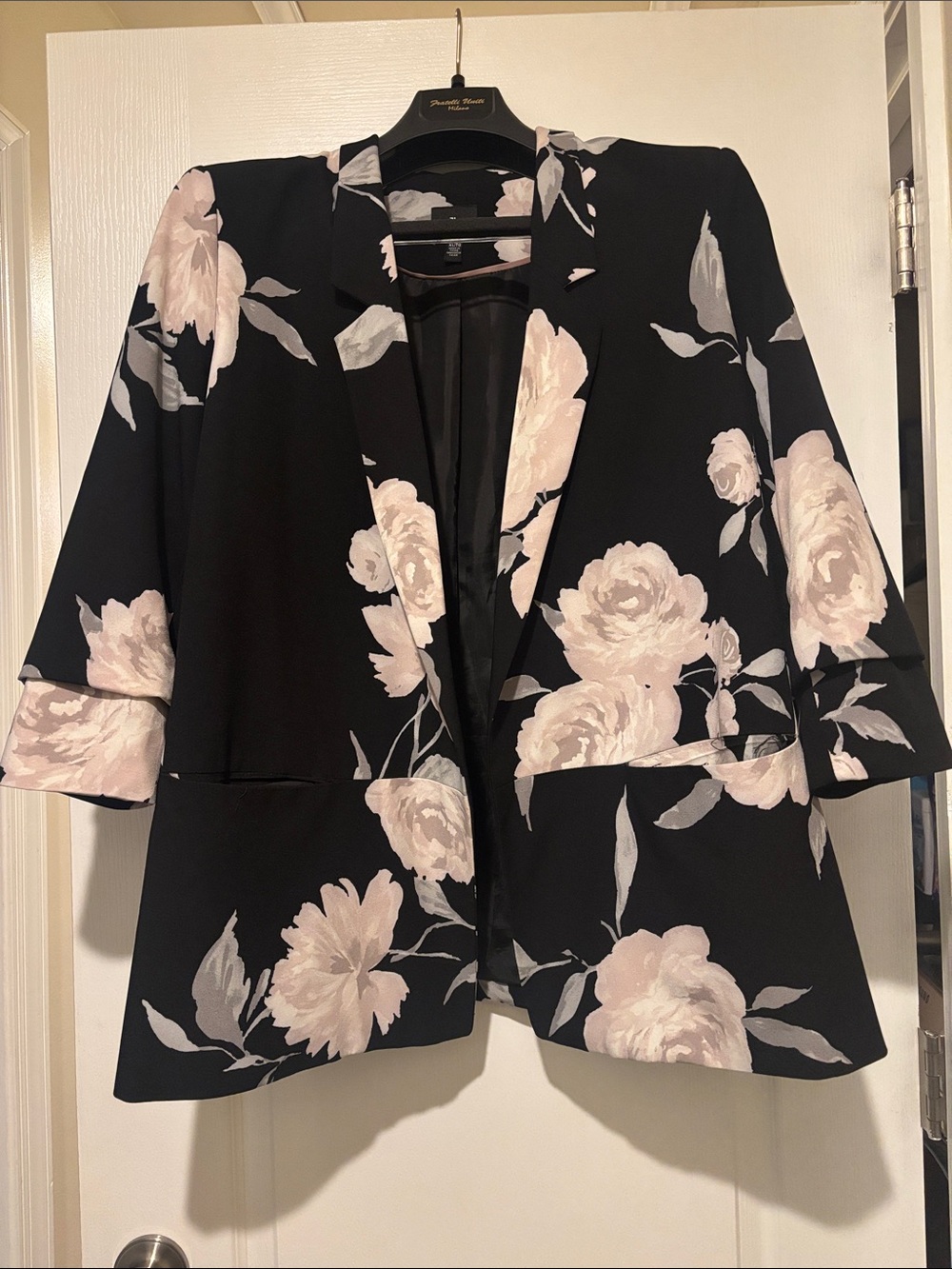 Jules & Leopard Floral Blazer Jacket - Black with Light Pink Roses (XL)